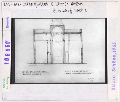 Vorschaubild Les-Aix-d'Angillon: Pfarrkirche Saint-Germain, Querschiff nach Osten, Skizze Wolfgang Schöne 1963 